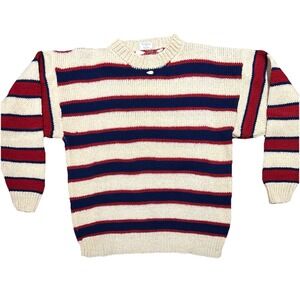 Vintage‎ Wool Hand Knit Sweater Hand Loomed Men's Large Unisex Striped Red Blue